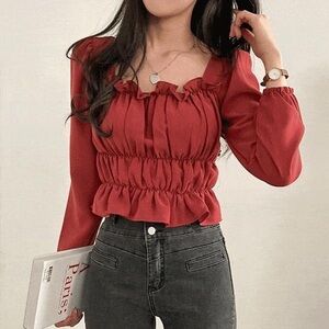 DINNER Ruched Peplum Blouse Brick Red Long Sleeve Korean Style Size S